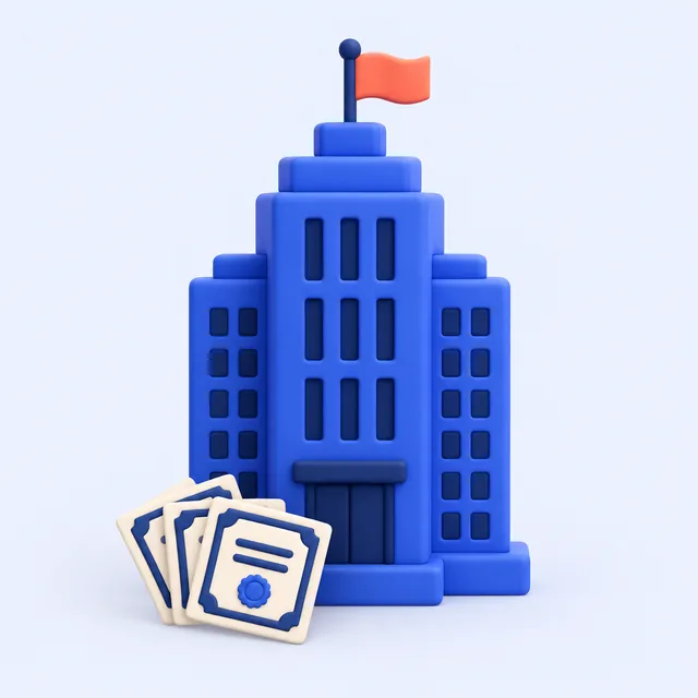C corporation: an office tower with stock certificates