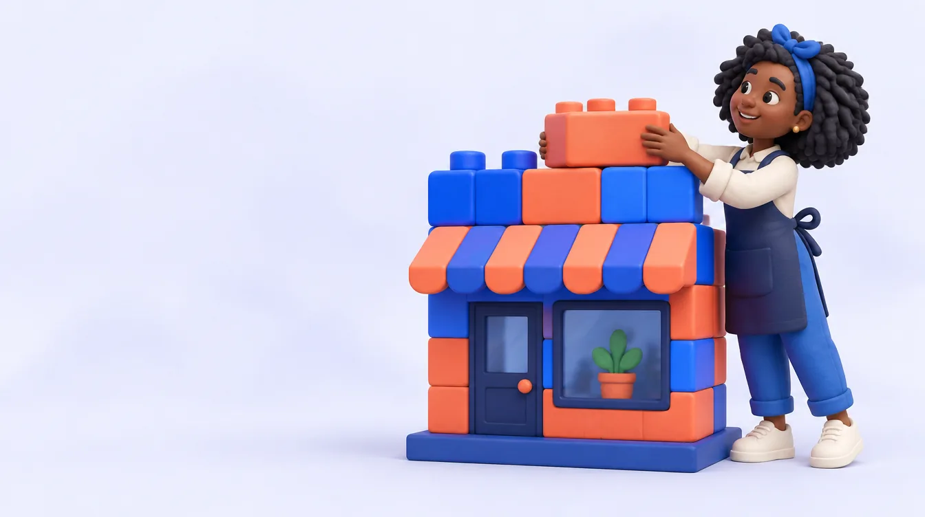 Clay illustration of a small business owner placing the last block on her block-built storefront