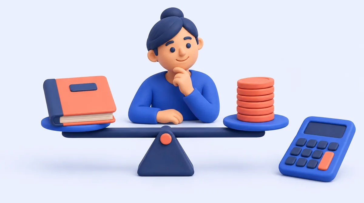 A ledger and coins balanced on a seesaw