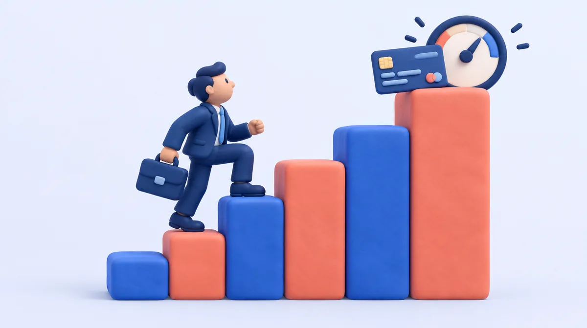 A business owner climbing a staircase of blocks toward a credit card