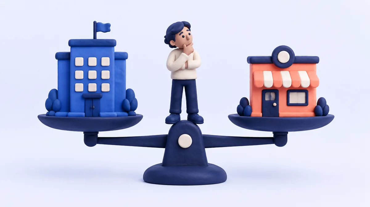 Two small buildings balanced on a scale with a founder thinking