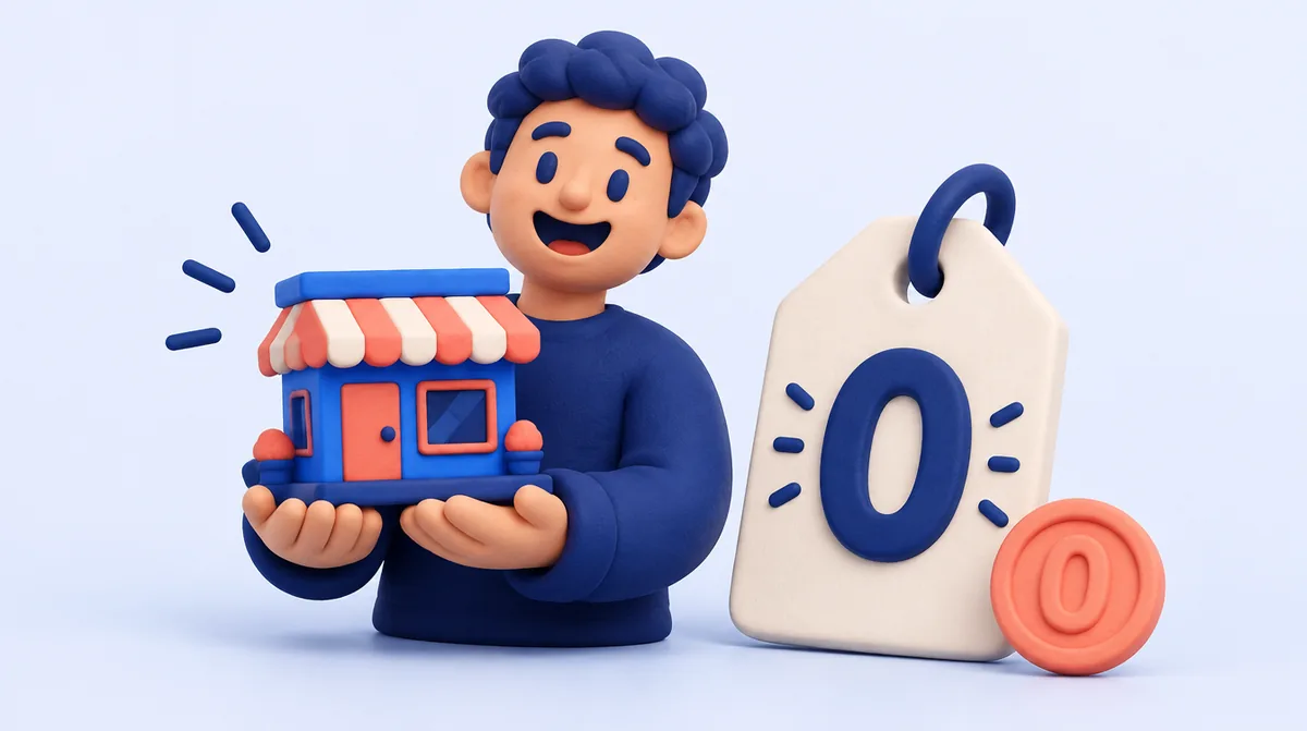 A founder holding a finished block-built shop next to a zero price tag