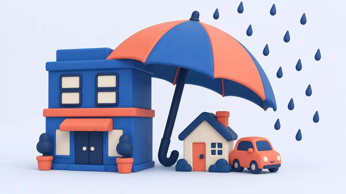 An umbrella shielding a house and car beside a business building