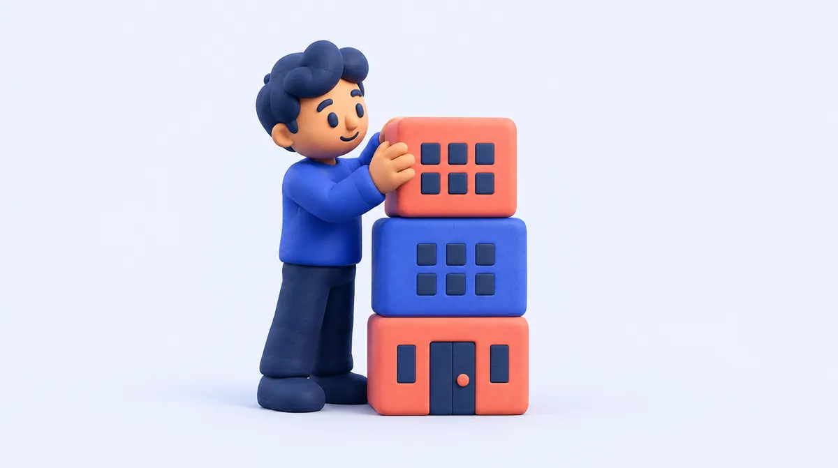 A founder stacking building blocks into a small office building