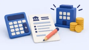 A calculator, tax form and coins beside a small business building