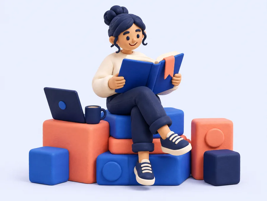 A founder reading a guidebook while sitting on building blocks