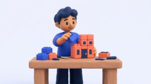 Clay illustration of one person building a small company from blocks at a workbench