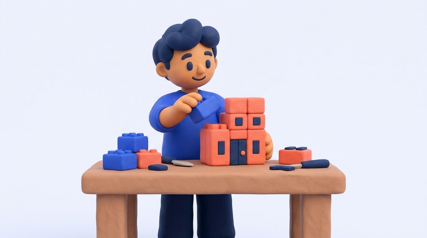 Clay illustration of one person building a small company from blocks at a workbench