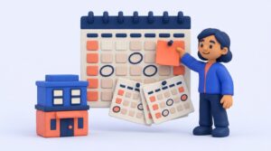 Clay illustration of a business owner marking annual report deadlines on a wall calendar