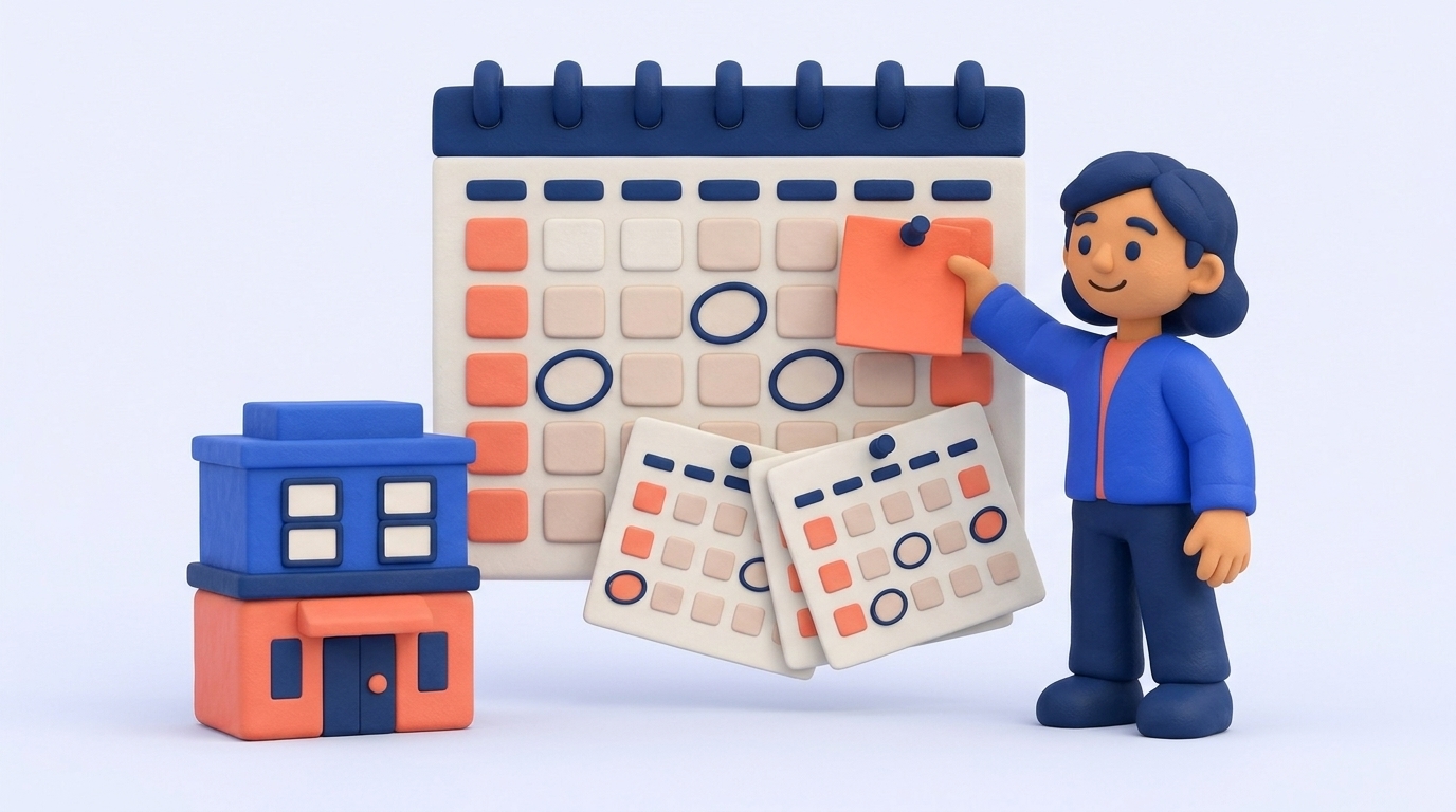 Clay illustration of a business owner marking annual report deadlines on a wall calendar